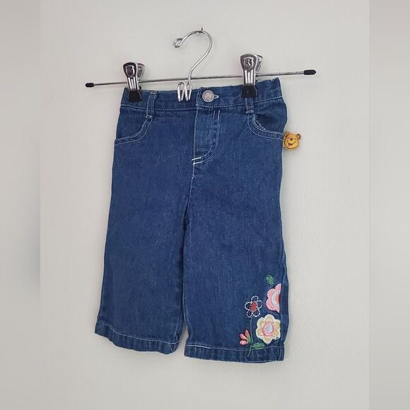 Disney Baby Winnie The Pooh Kids Denim Jeans w/ Floral Embroidery Size 18 Months - Picture 2 of 7